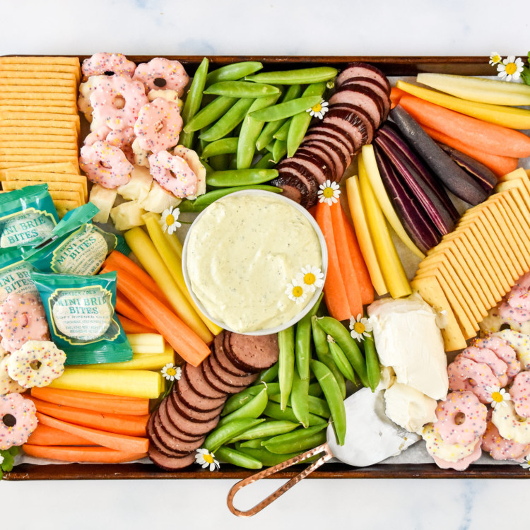 finished trader joe's spring snack board seen from above.