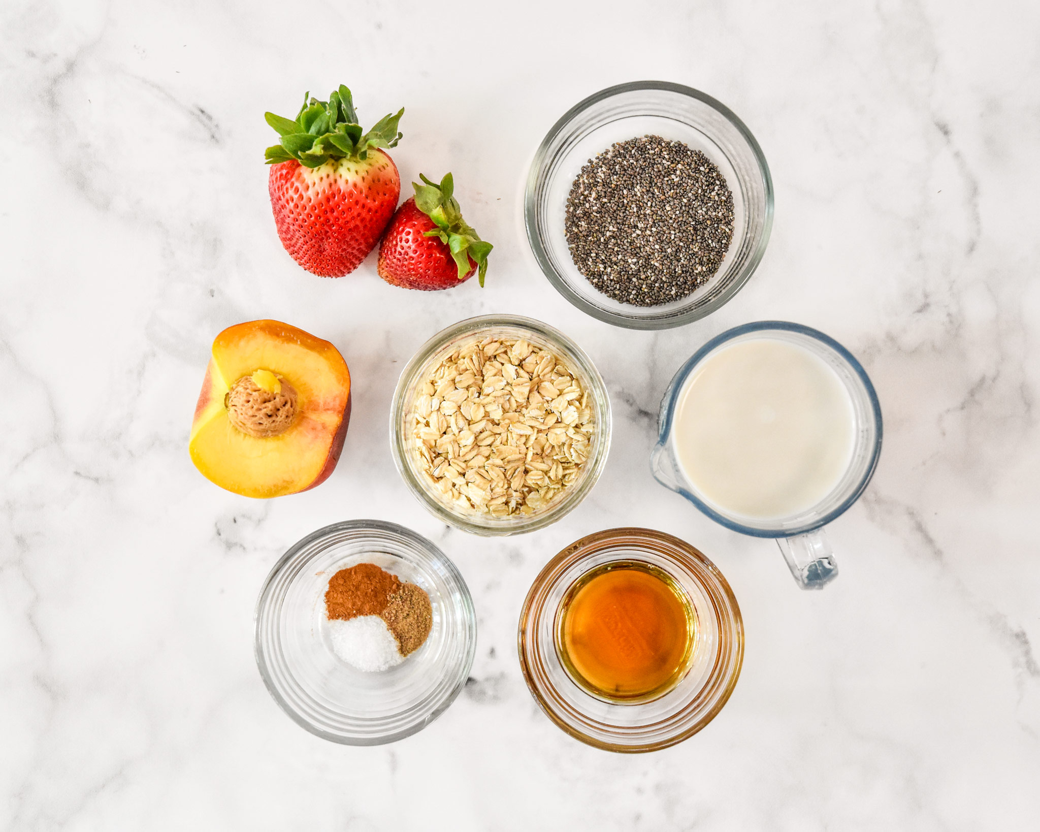ingredients for one serving of strawberry peach overnight oats.