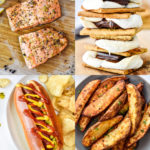 4 photos of easy air fryer recipes including salmon, smores, hot dogs, and potato wedges.