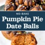 decorative pin image for no-bake pumpkin pie date balls.