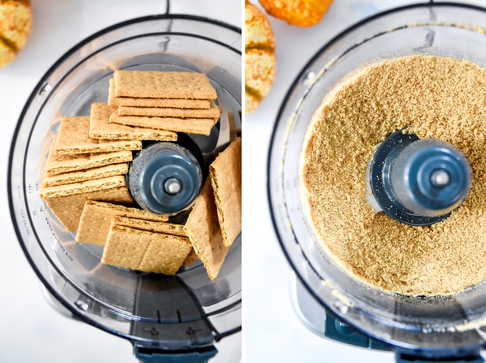 a collage showing processed graham crackers in a food processor.