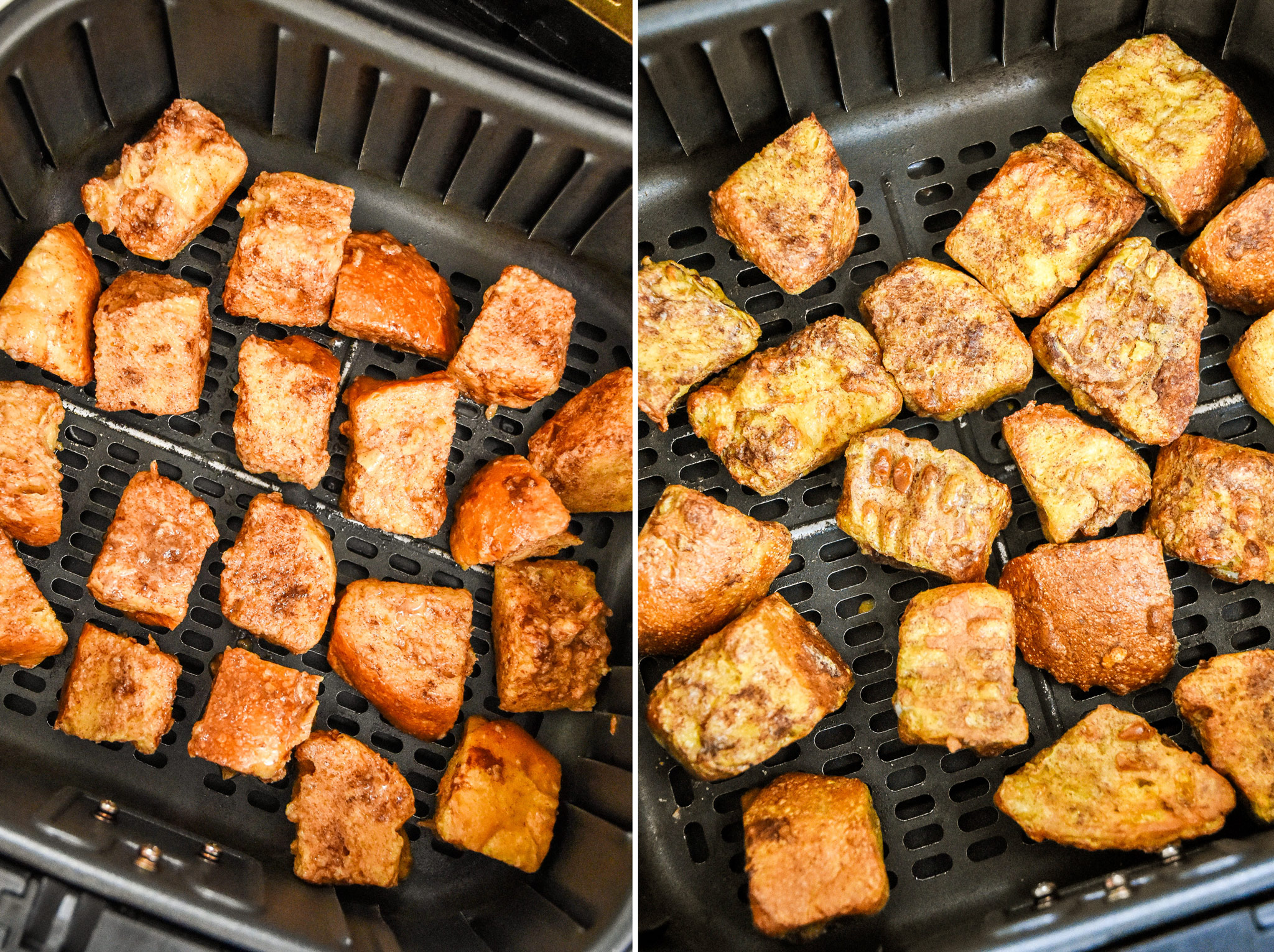 before and after cooking french toast bites in the air fryer.