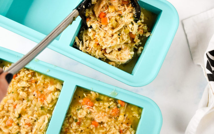 instant pot chicken and rice soup ladled into souper cubes