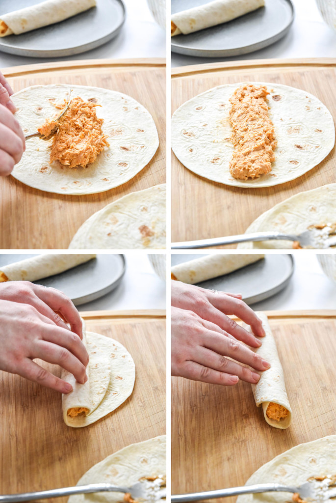 step by step of how to roll the air fryer buffalo chicken flautas.