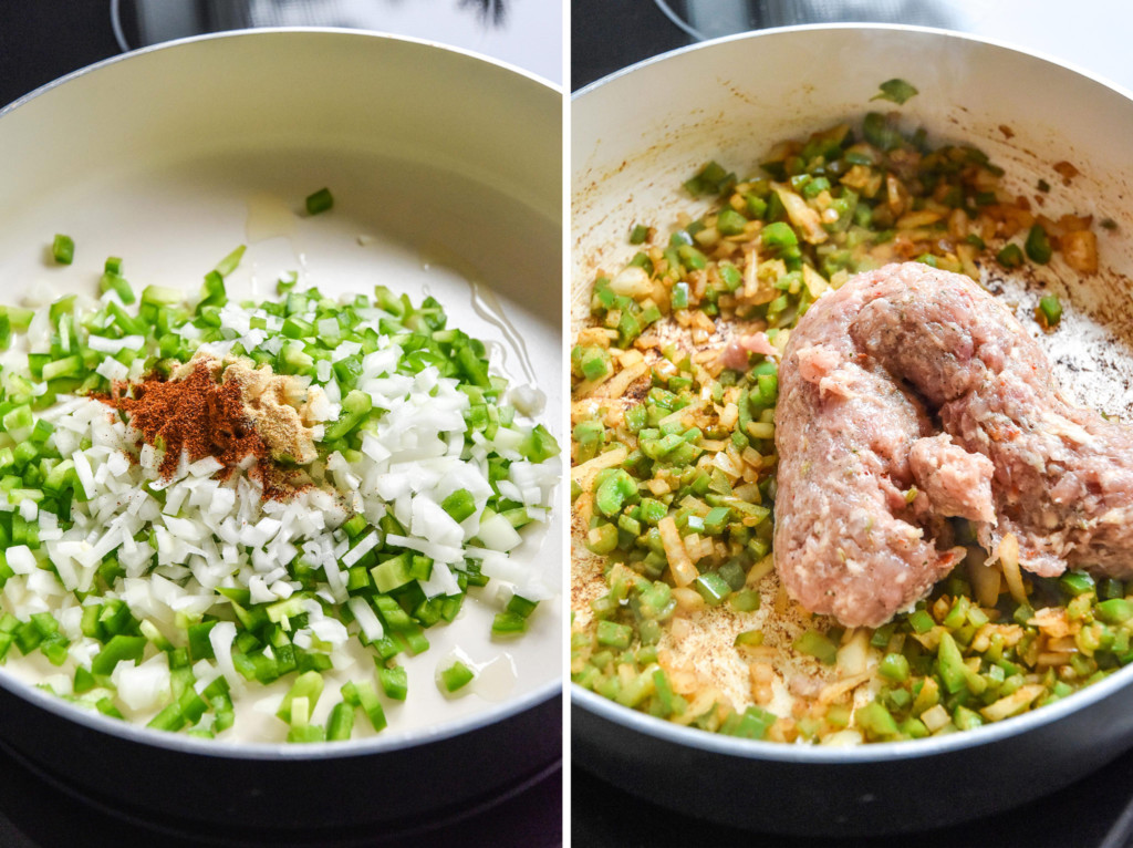 before and after cooking the meat and veggies in a pan.