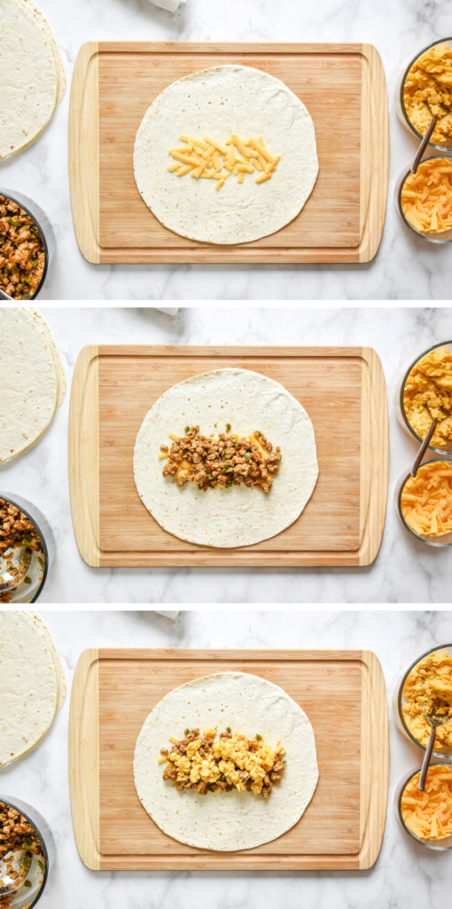 collage of assembling the freezer friendly breakfast burritos on a cutting board.