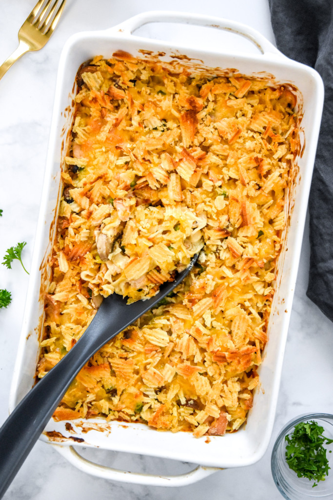 cooked freezer-friendly tuna noodle casserole with a golden brown top.