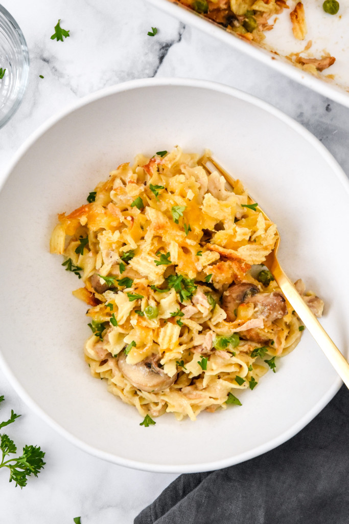 bowl of freezer-friendly tuna noodle casserole with fork.