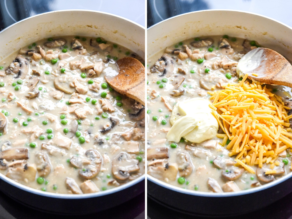 before and after adding mayo and cheese to the sauce for the freezer-friendly tuna noodle casserole.