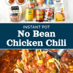 vertical pin image with title for no bean chicken chili including ingredients and scoop of chili.