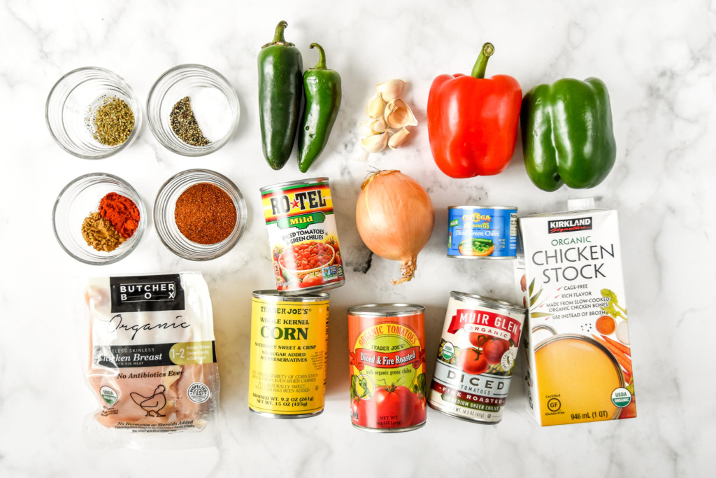 ingredients on a counter for the instant pot no bean chicken chili.