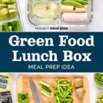 pin image with words and glass meal prep containers with green food lunch box meal prep.