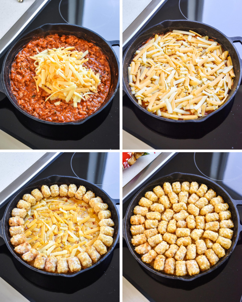 a collage of assembling the casserole with cheese and tater tots.