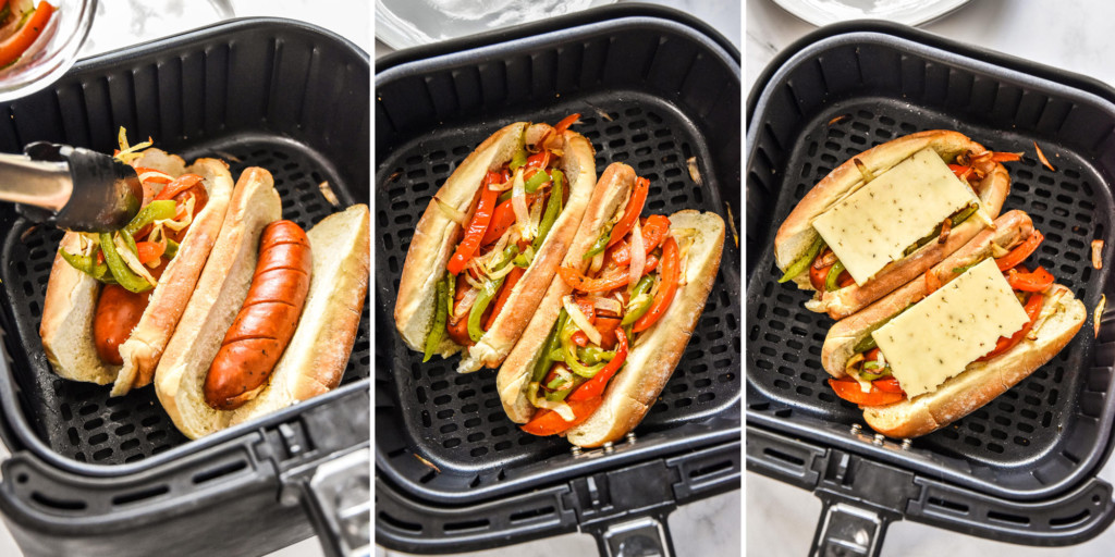 step by step of assembling the air fryer sausage dogs with peppers and onions in the air fryer basket.