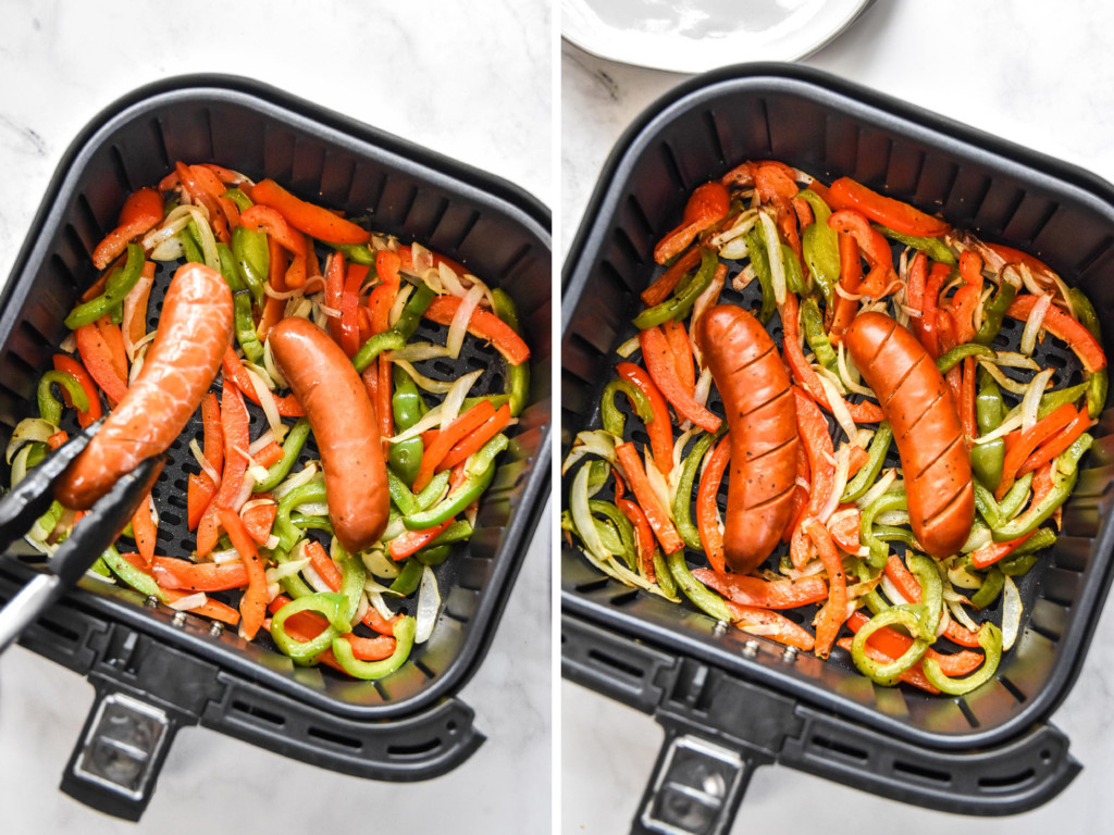 side by side image of air fryer sausage dogs with peppers and onions.