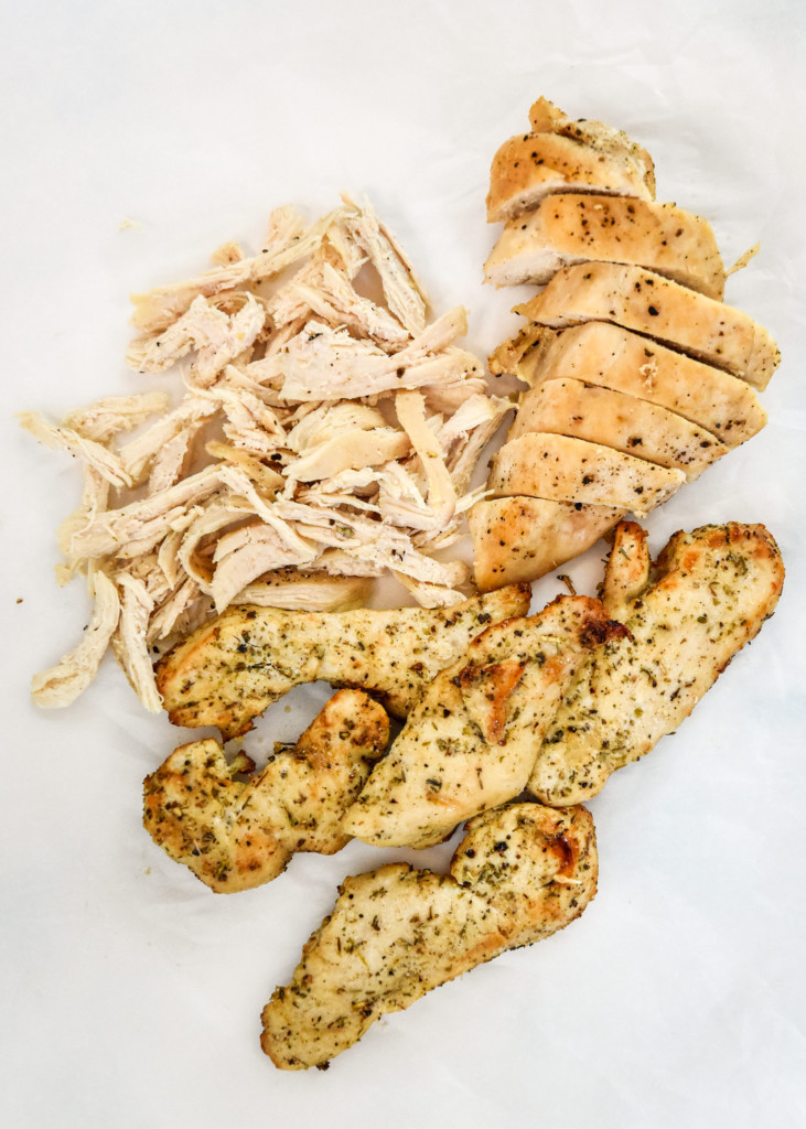 boneless skinless chicken breast cooked in 3 different ways.