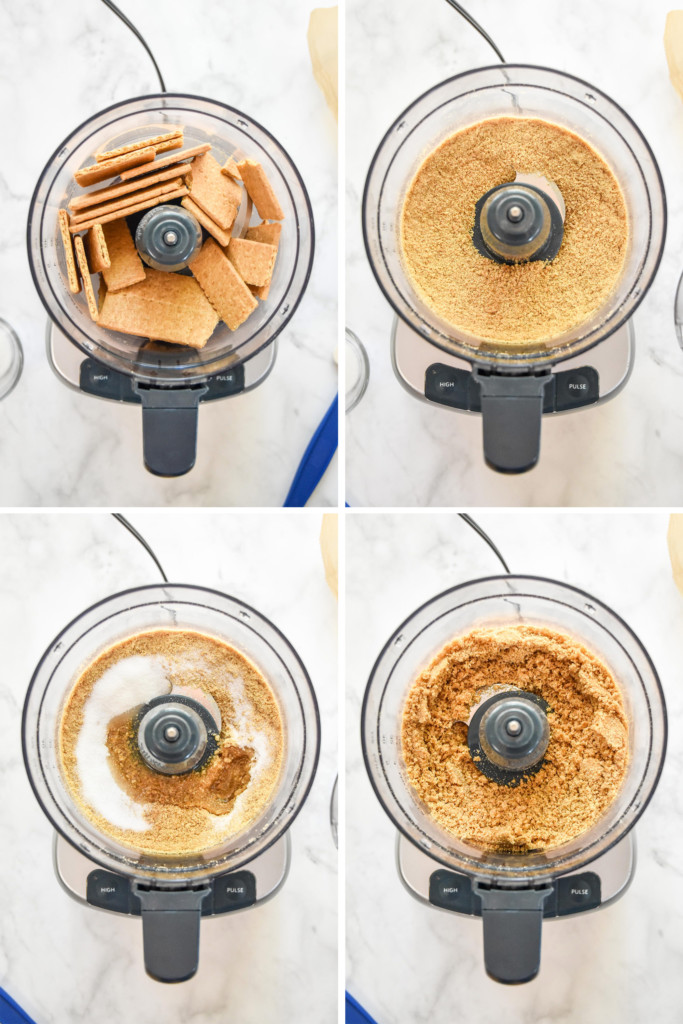 collage of making the graham cracker crust in a food processor.