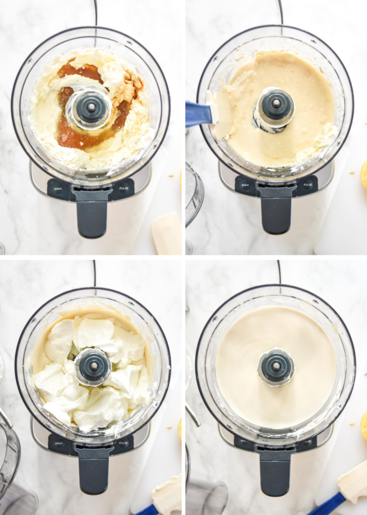 collage of making the cheesecake greek yogurt filling.
