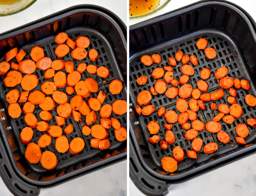 before and after cooking air fryer hot honey glazed carrots in the air fryer.