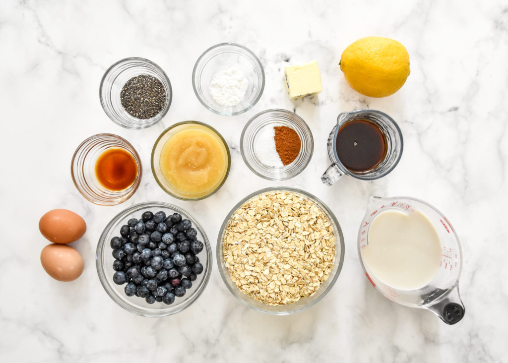 ingredients on a counter to make easy blueberry lemon baked oatmeal.