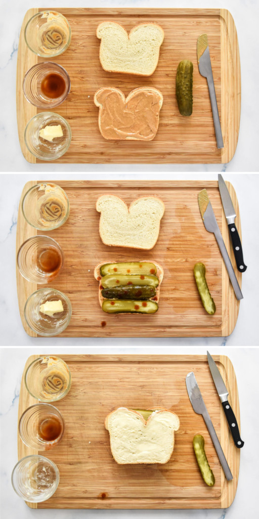 step by step assembly of the peanut butter and pickle sandwich on a cutting board.