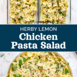 pin collage image for herby lemon chicken pasta salad.