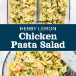 pin collage image for herby lemon chicken pasta salad.