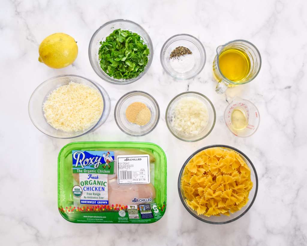 all ingredients used in the herby lemon chicken pasta salad.