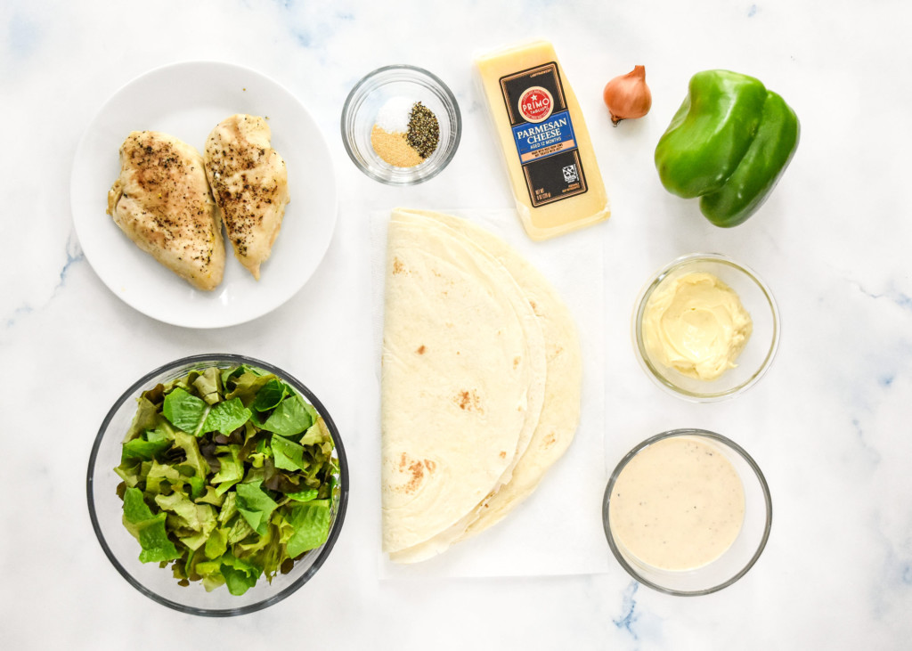ingredients needed to make the caesar chicken salad lunch wraps.