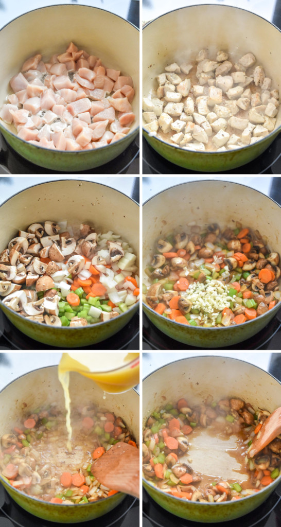 step by step of cooking the chicken and the veggies for the chicken pot pie with biscuit crust.