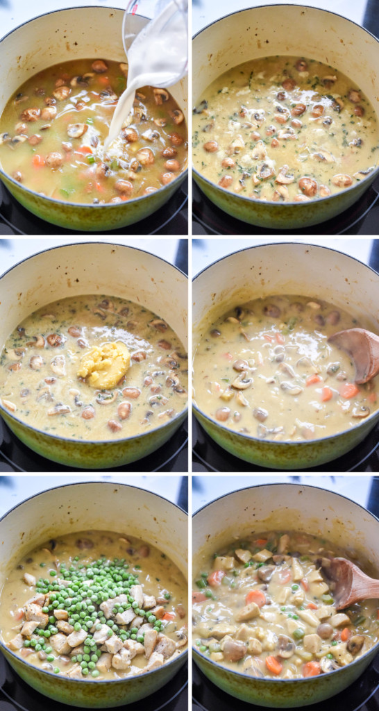 step by step of making the filling mixture for the chicken pot pie with biscuit crust.