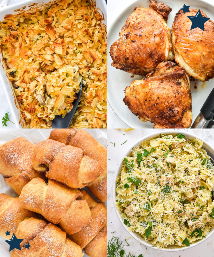 collage of top recipes including chicken, herby pasta salad, and casserole.