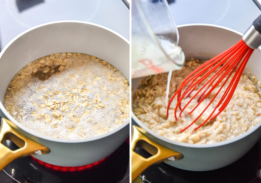 side by side of cooking the oatmeal and adding the egg whites.
