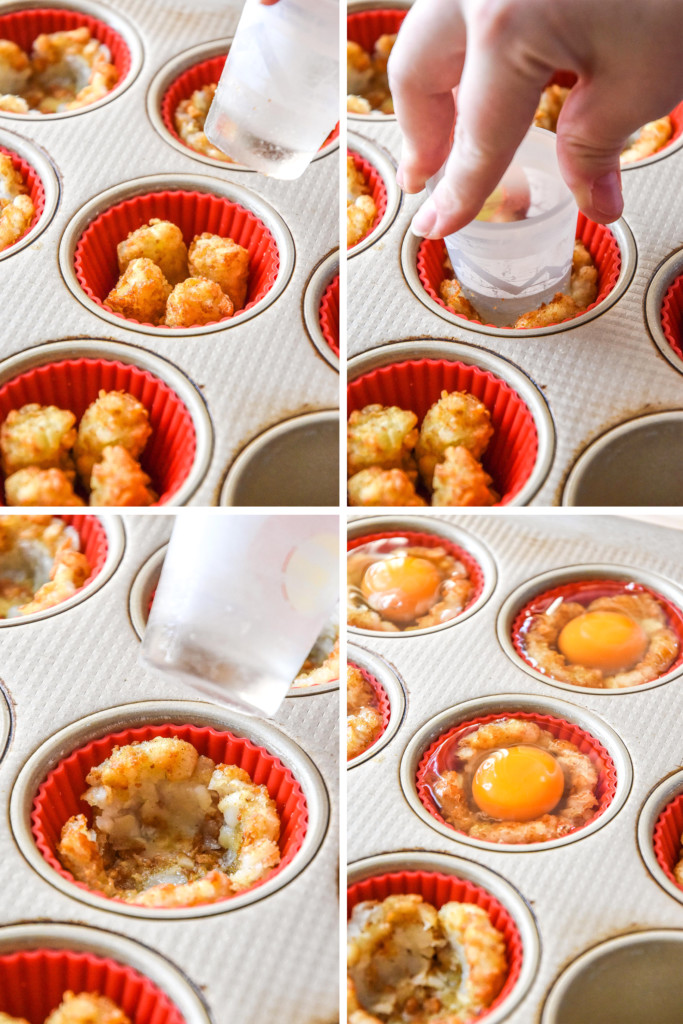 step by step of smashing tots and adding an egg to each muffin pan well.