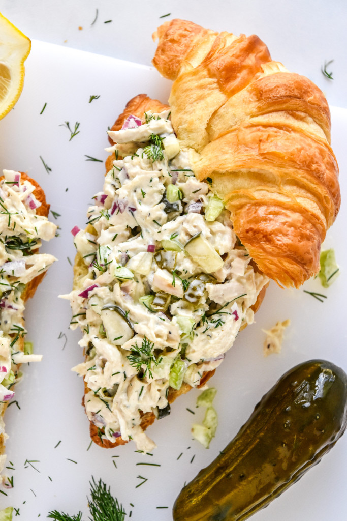 dill pickle chicken salad on a croissant.