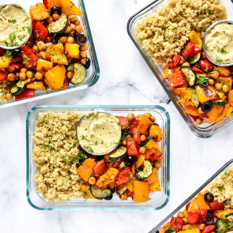 Mediterranean Inspired Grain Bowl Meal Prep with lemon dill hummus in glass meal prep containers.