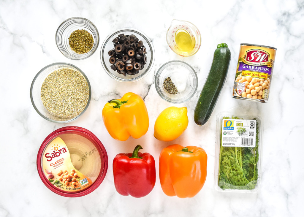 ingredients on the counter for the mediterranean inspired grain bowl meal prep lunch recipe.