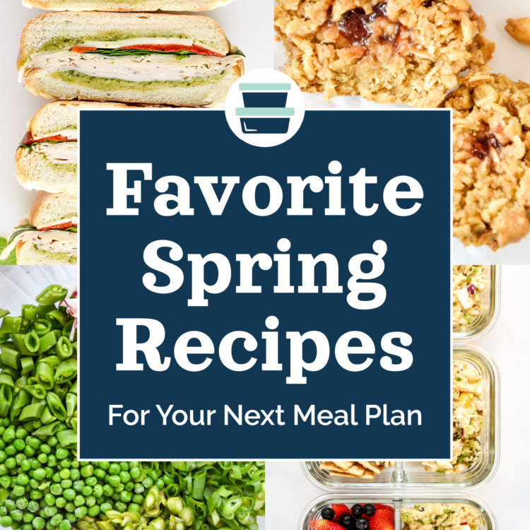 cover image with text favorite spring recipes over 4 pictures of spring food.