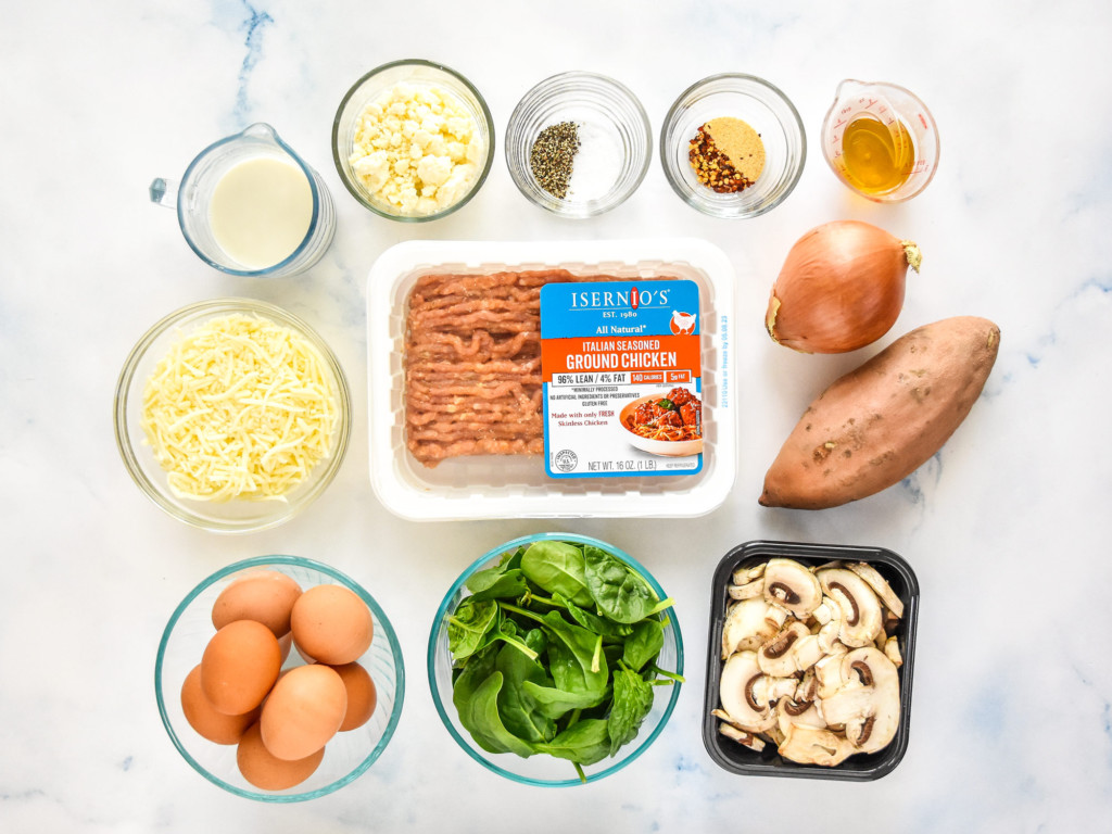 ingredients needed to make the spinach feta chickens sausage breakfast casserole.