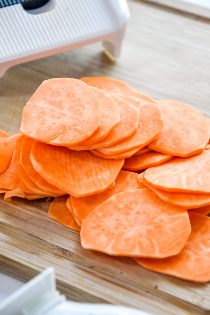 sweet potatoes thinly sliced with a mandoline.