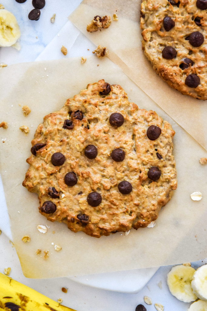 Air Fryer Banana Oatmeal Cookie for one with chocolate chips on top.