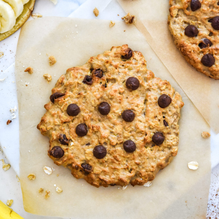 Air Fryer Banana Oatmeal Cookie for one with chocolate chips on top.