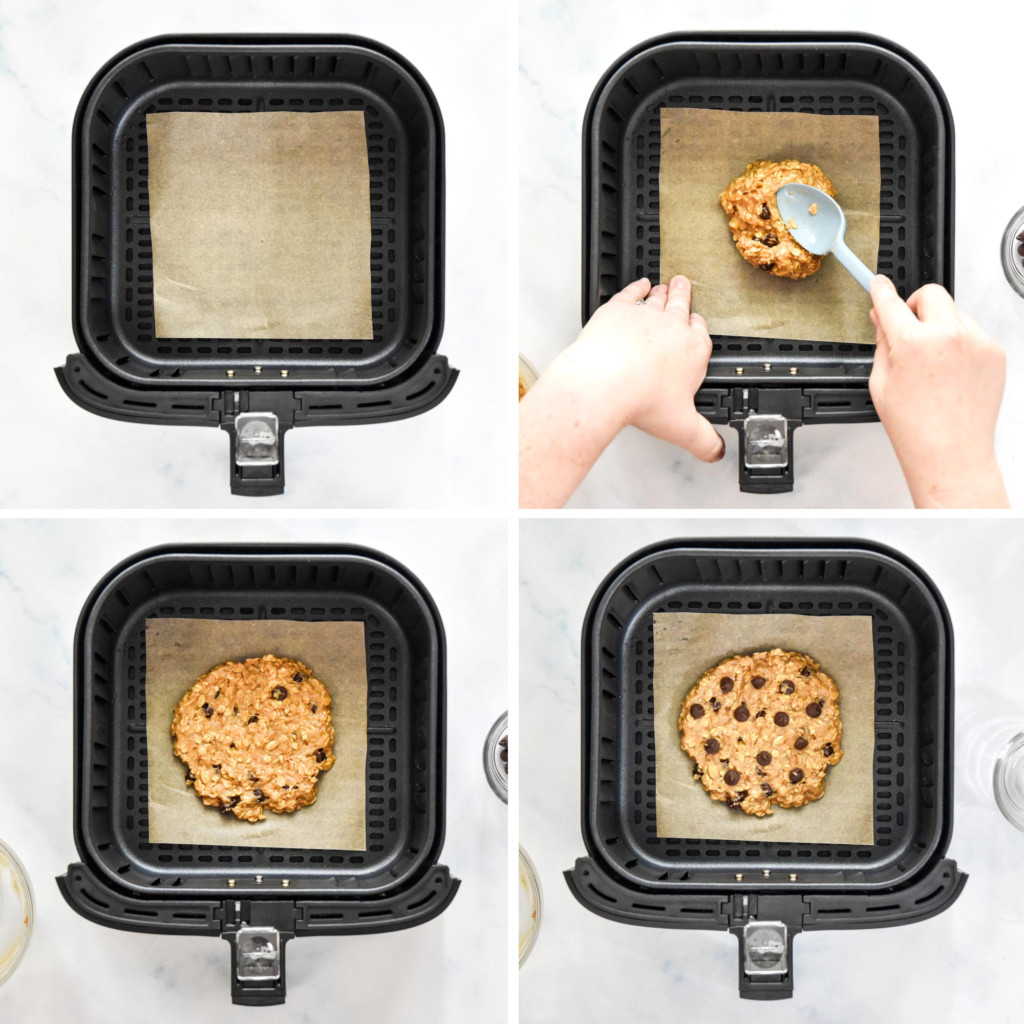 air fryer banana oatmeal cookie for one cookie dough being put into the air fryer.