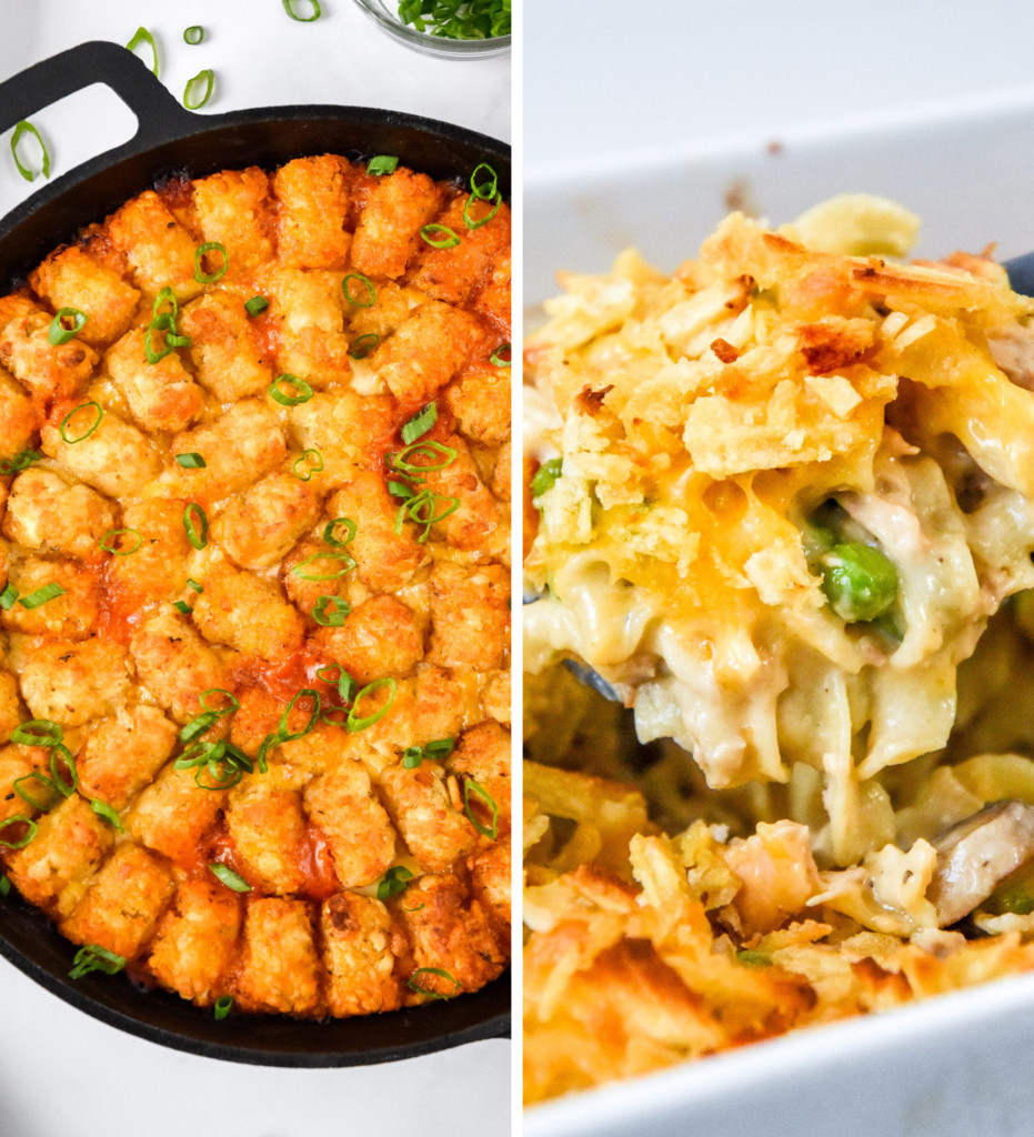 tater tot casserole in a cast iron dish and a scoop of tuna noodle casserole.