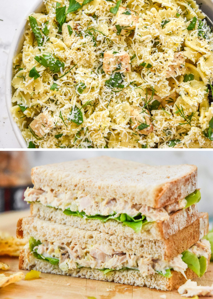 pasta salad and tuna salad sandwich.