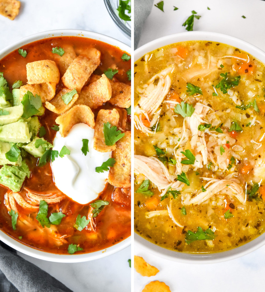 chicken chili and chicken soup in bowls.