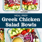 pin image with text for greek chicken meal prep bowls.