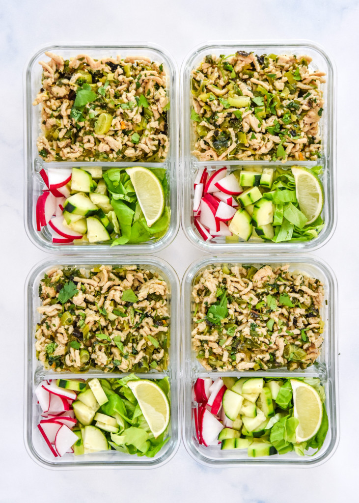 thai chicken larb inspired meal prep in 4 glass containers.
