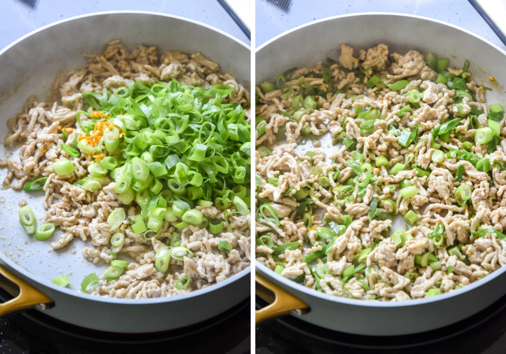 adding scallions to the pan of chicken larb.