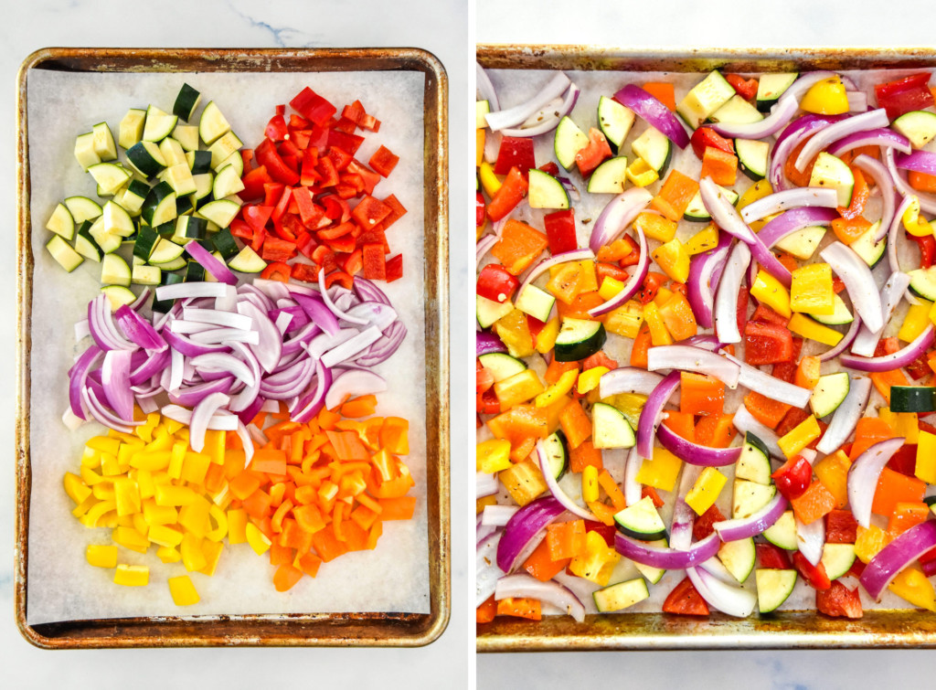 sheet pan full of colorful cut veggies before roasting.